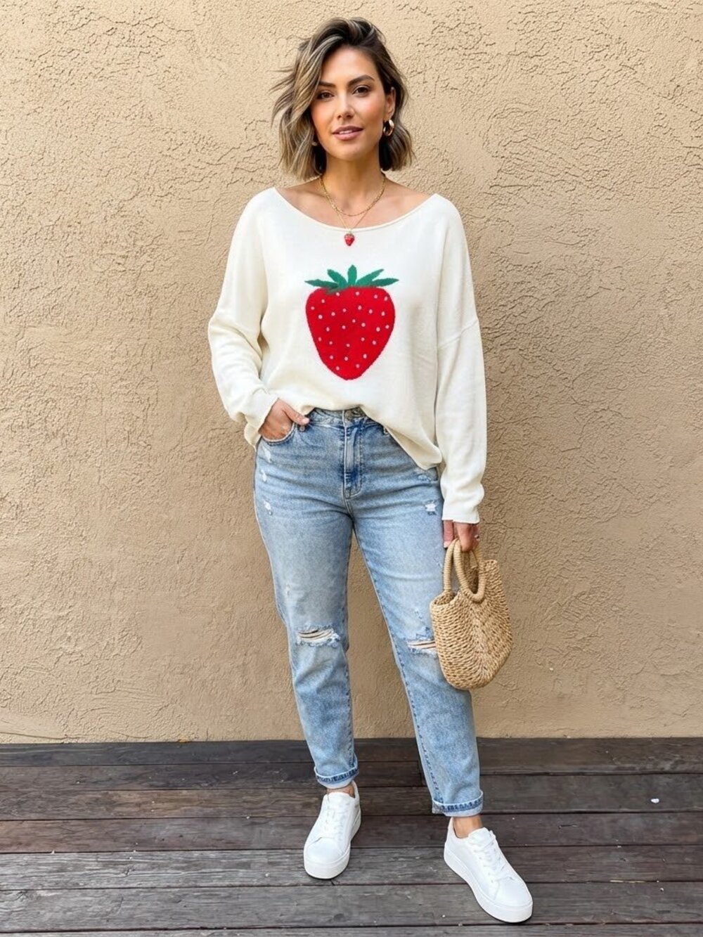 Aeropostale White Strawberry Print Knit Graphic Casual Boatneck Sweater Size XL